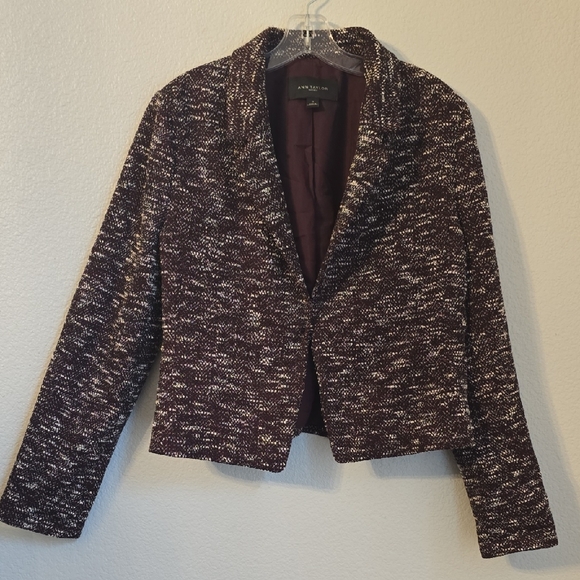 Ann Taylor Sz 12 Tweed Cropped Blazer - Burgandy and Cream - Picture 3 of 7